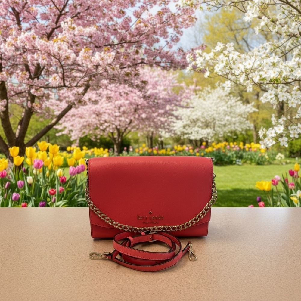 Kate Spade Crossbody Womens Bag Small Coral‎ Pink Saffiano Leather Chain Classic
